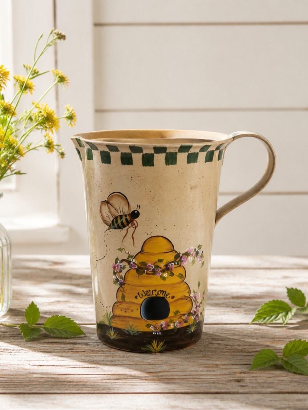 Hand Painted Decorative Metal Bee Beehive Pitcher